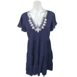 Max Studio Navy Blue Floral Embroidered Short Sleeve Tiered Mini Dress Size M